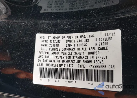 2013 Honda Accord Touring from USA, damaged, VIN 1HGCR3F91DA014677